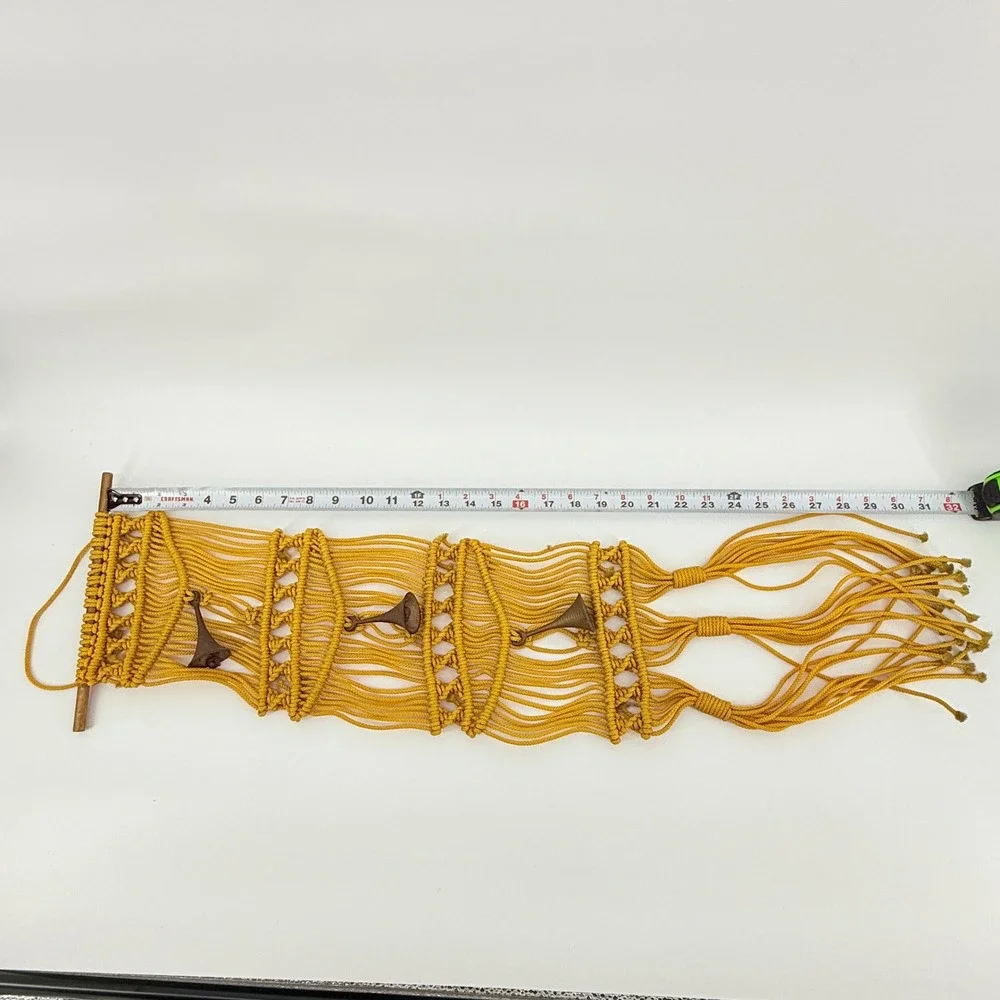 Vintage Macrame Wall Hanging Bell Chimes Mustard Yellow Boho Decor 31 in‎